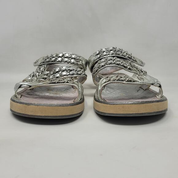CHANEL Sandals IT39.5 US9.5 Silver Leather Flat Chain Coco Mark Sport 2002 Logo - Picture 3 of 16